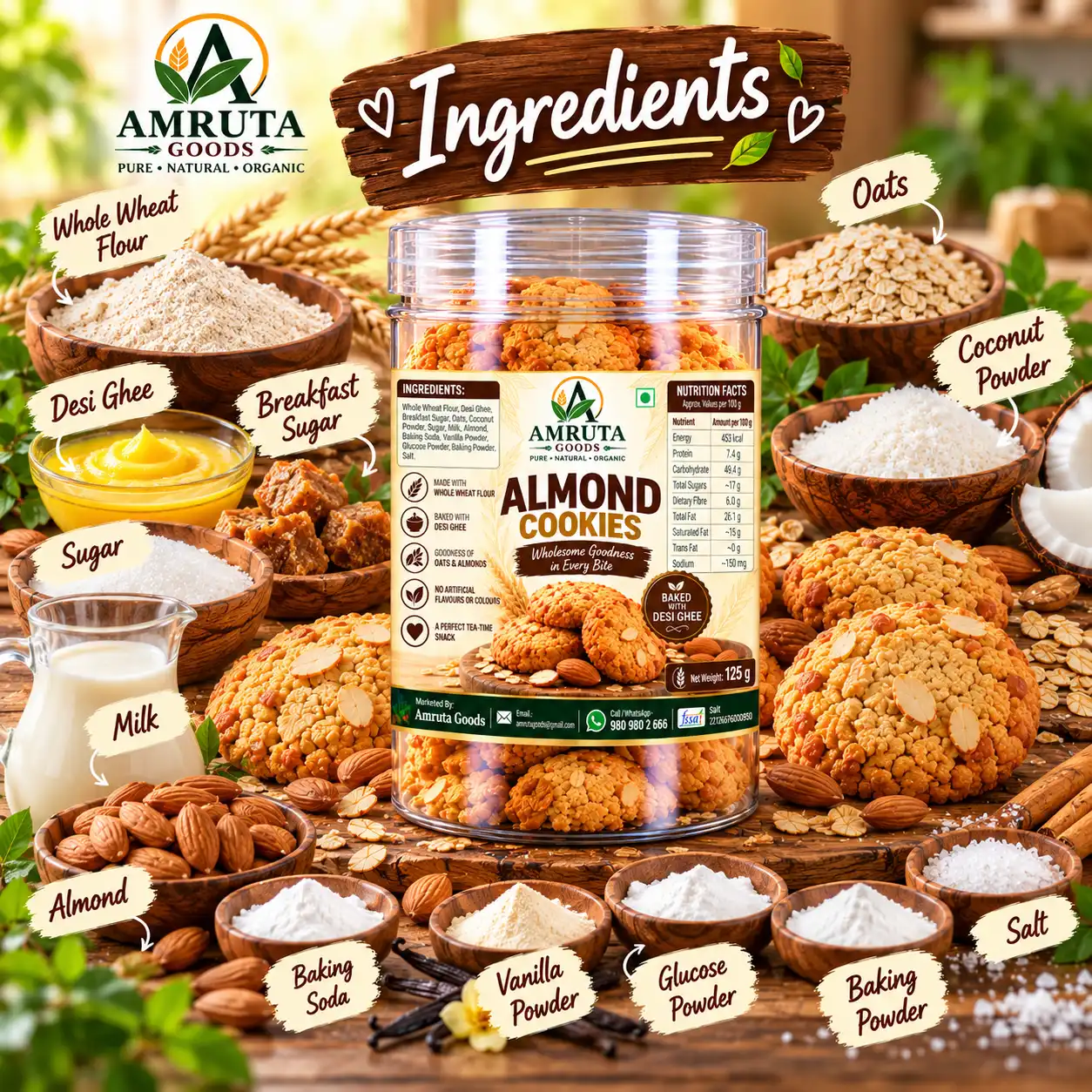 Amruta Goods Almond Cookies made with whole wheat, oats, and almonds