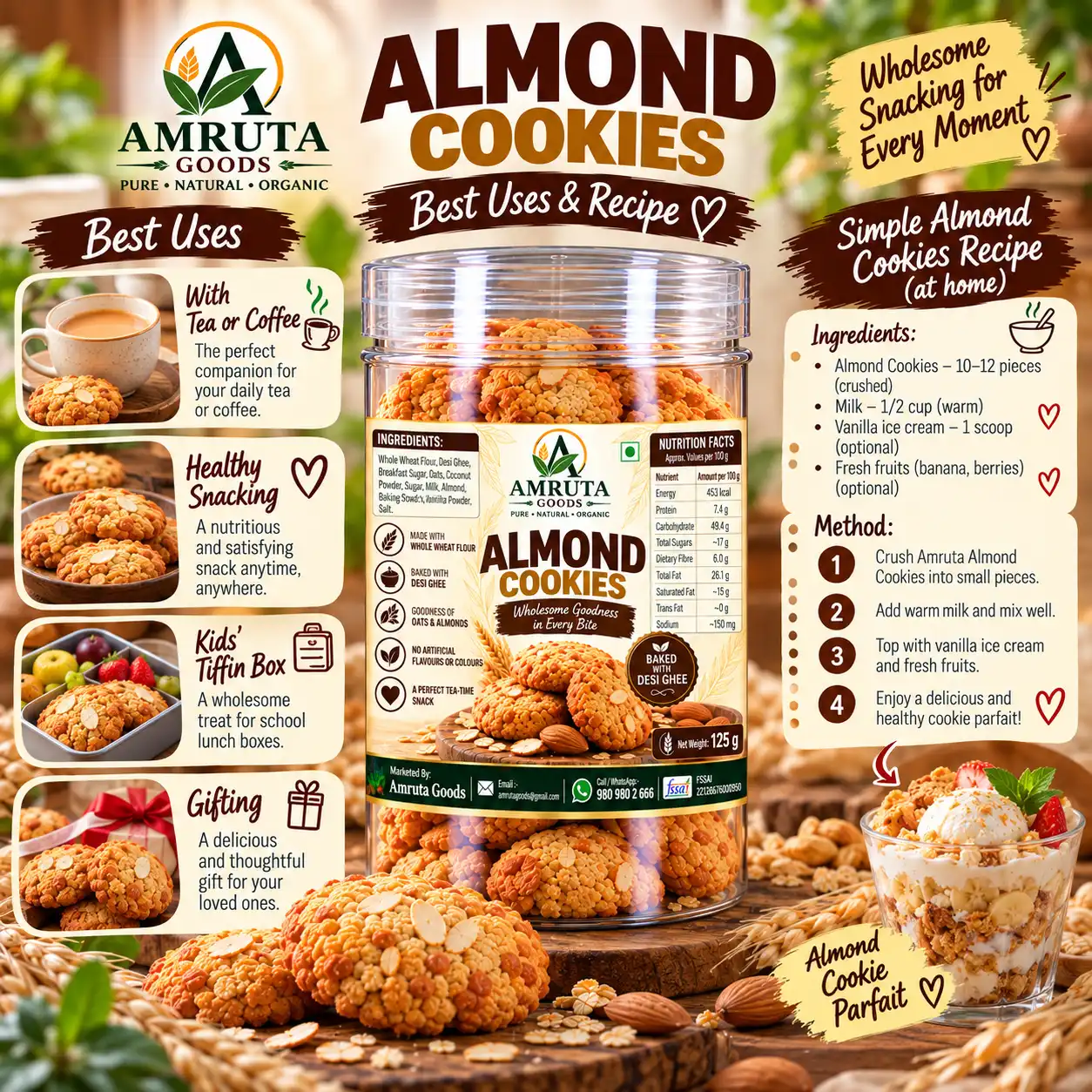 Amruta Goods Almond Cookies made with whole wheat, oats, and almonds