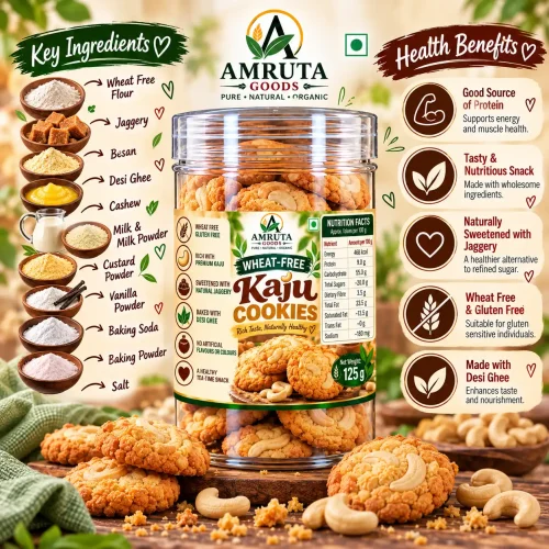Amruta Goods Wheat-free Kaju Cookies made with cashews, jaggery, besan and desi ghee.