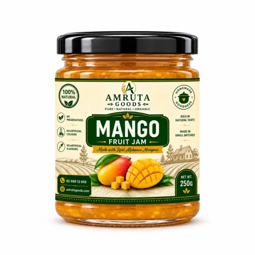 Amruta Goods Mango Jam in a jar, a fruity spread for bread, toast, and breakfast